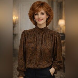 Vintage 80’s- Paisley Brown, Silky High neck Blouse